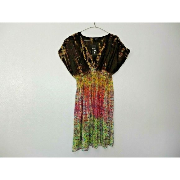 Etc Womens Dress Top L Short Sleeve Sheer Floral Brown Yello Pink Green NWT - Picture 7 of 10